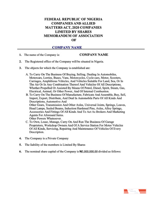 Nigeria certificate of registration Word and PDF template